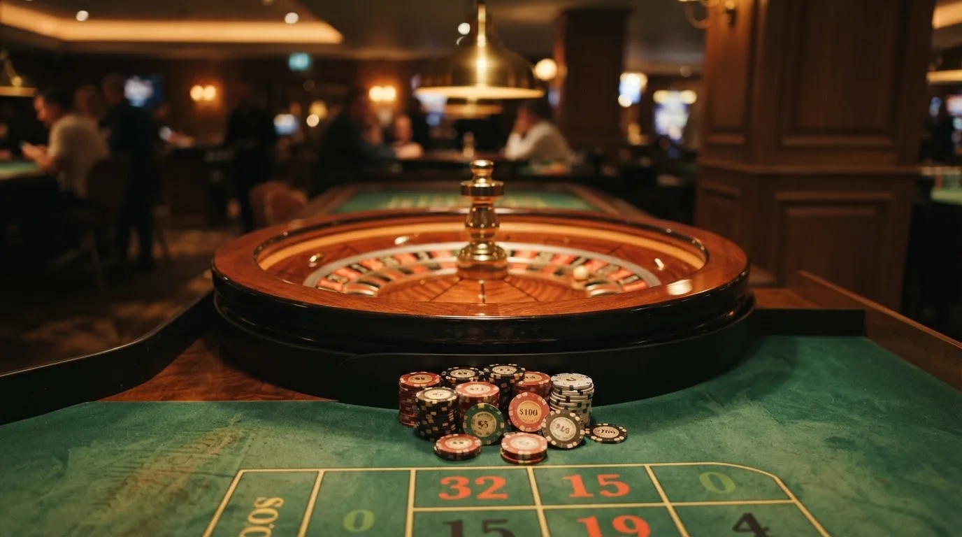 Roulettehjul och spelmarker på grön filt i varmt kvällsljus — 10 euro casino i sverige