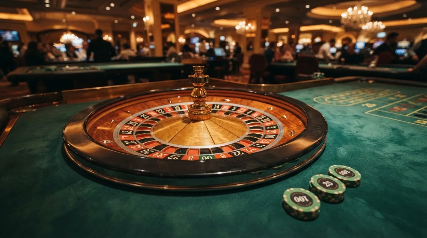 Roulettehjul och spelmarker på grön filt i varmt kvällsljus — 10 free spins casino i sverige
