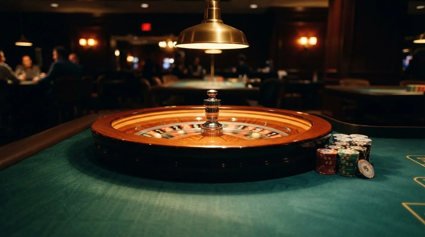 Roulettehjul och spelmarker på grön filt i varmt kvällsljus — 10 kr casino i sverige
