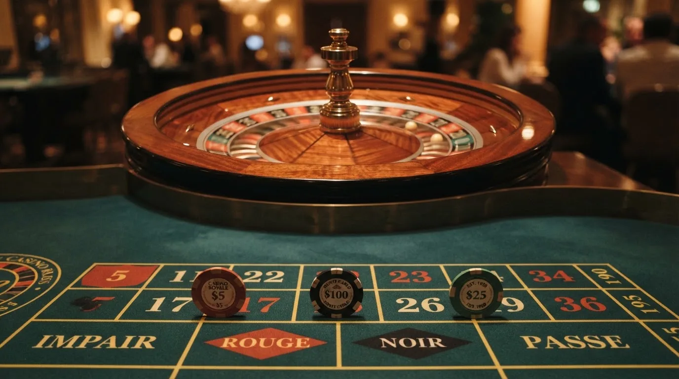 Roulettehjul och spelmarker på grön filt i varmt kvällsljus — 100 euro casino i sverige