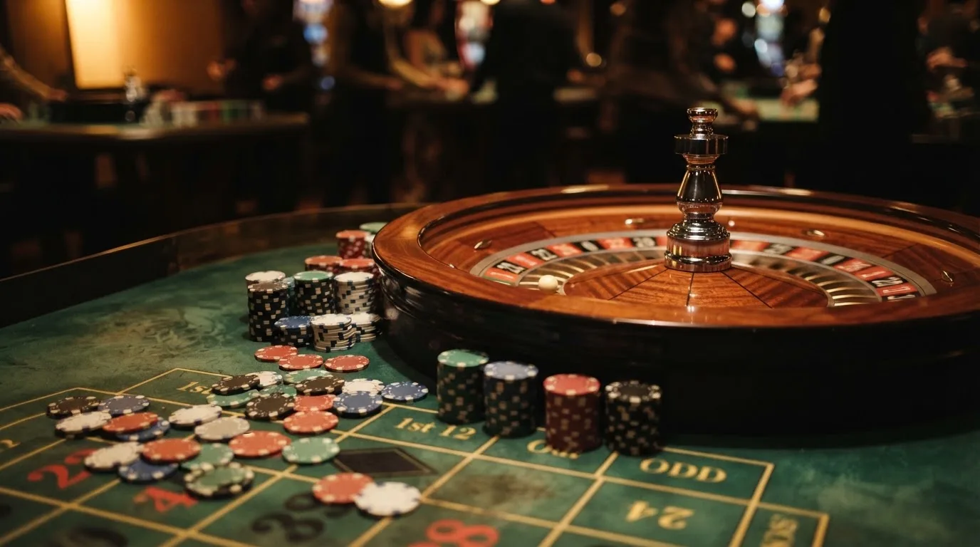Roulettehjul och spelmarker på grön filt i varmt kvällsljus — 100 free spins casino i sverige