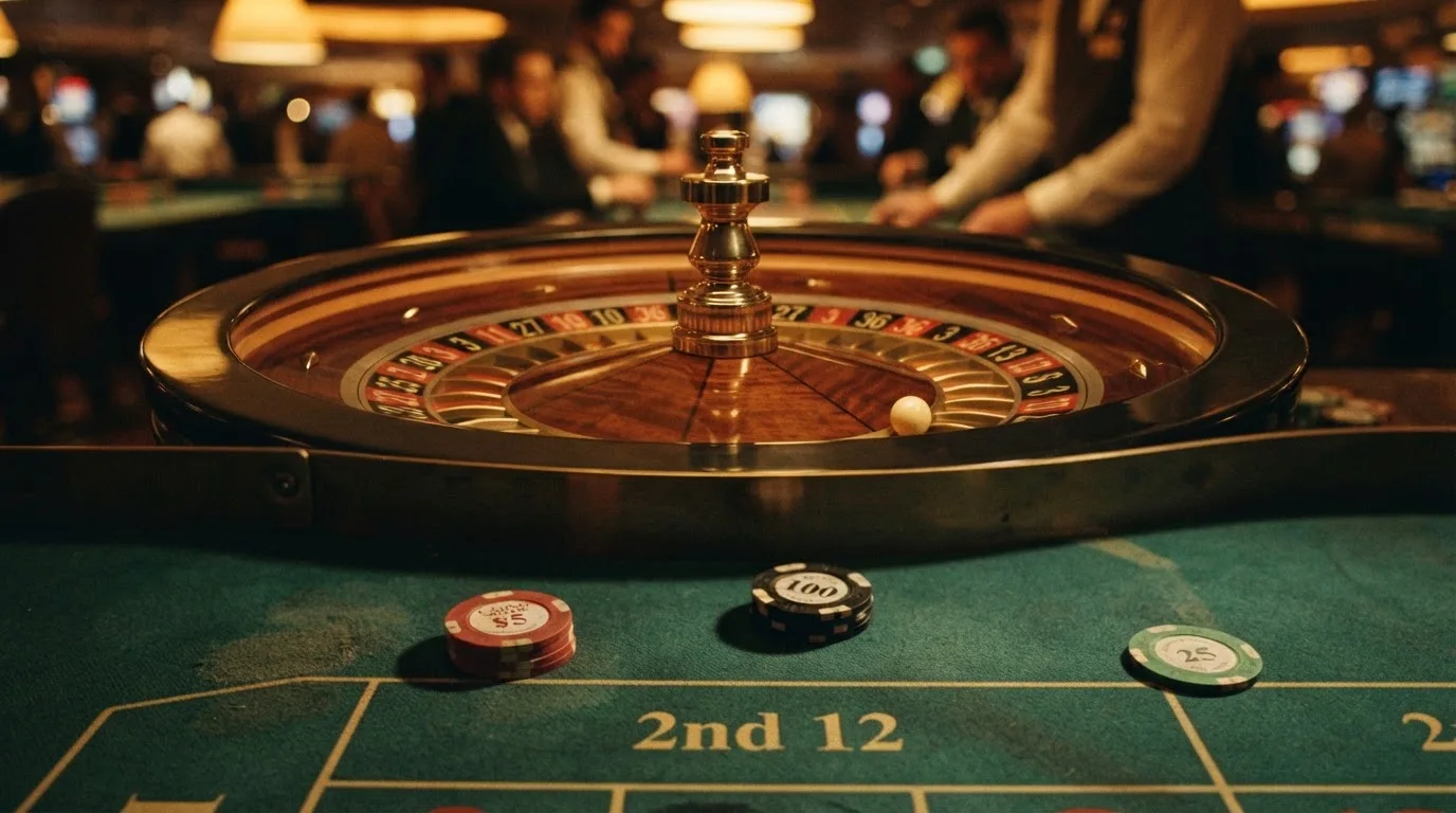 Roulettehjul och spelmarker på grön filt i varmt kvällsljus — 100 kr casino i sverige