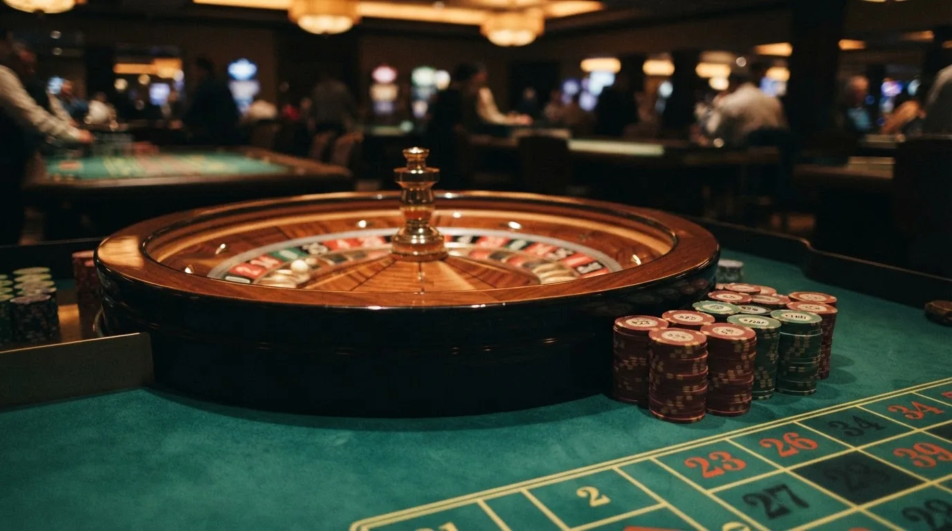 Roulettehjul och spelmarker på grön filt i varmt kvällsljus — 150 free spins casino i sverige