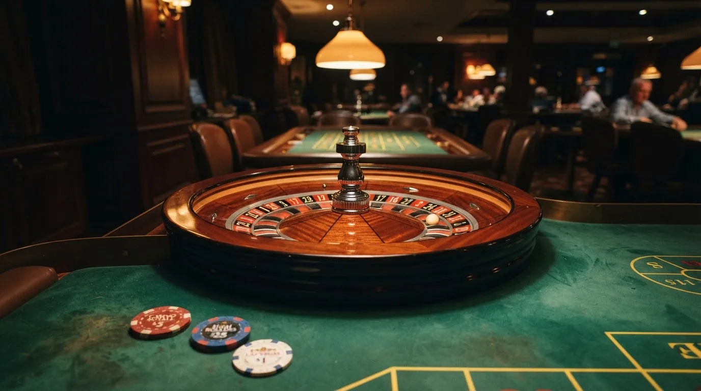 Roulettehjul och spelmarker på grön filt i varmt kvällsljus — 150 kr casino i sverige