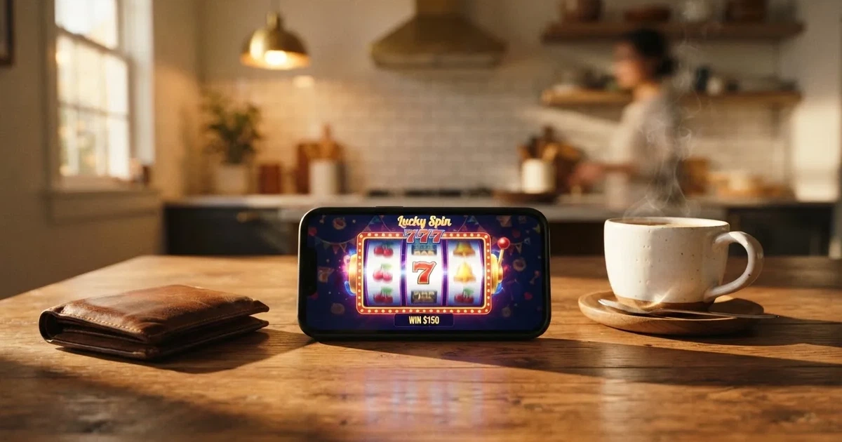 Mobiltelefon på ett träbord bredvid en plånbok och en kopp kaffe — 150 kr casino i sverige