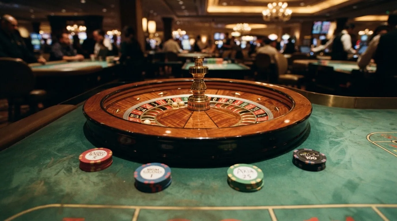 Roulettehjul och spelmarker på grön filt i varmt kvällsljus — bästa blackjack i sverige