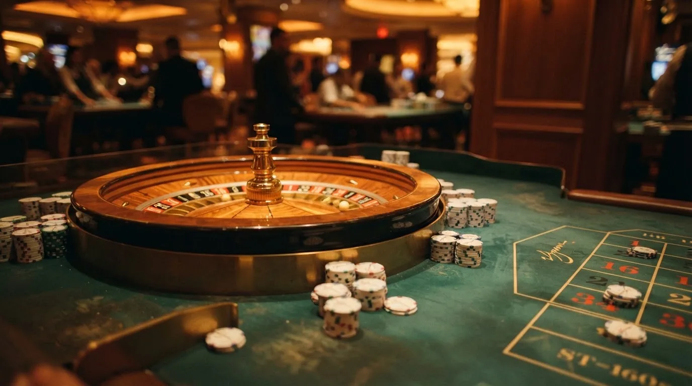 Roulettehjul och spelmarker på grön filt i varmt kvällsljus — blackjack gratis i sverige