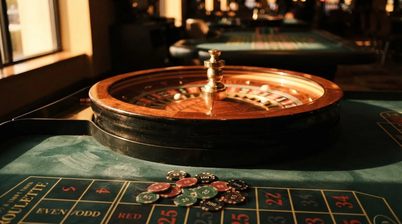 Roulettehjul och spelmarker på grön filt i varmt kvällsljus — blackjack med live dealer i sverige