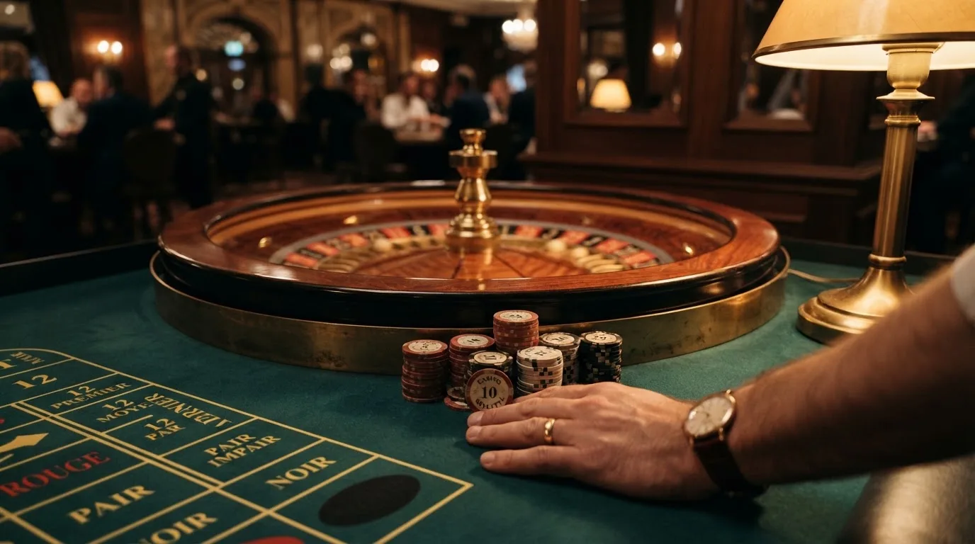 Roulettehjul och spelmarker på grön filt i varmt kvällsljus — blackjack på nätet i sverige