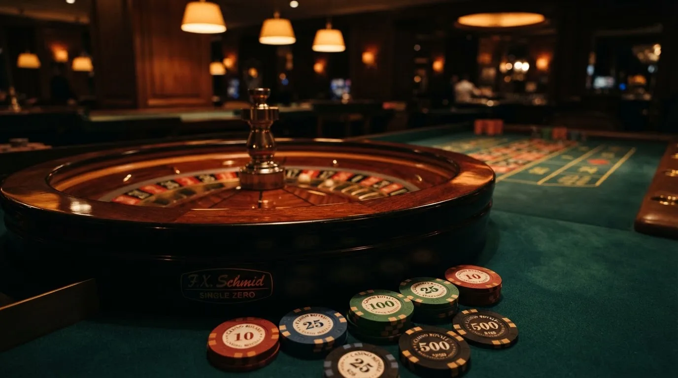 Roulettehjul och spelmarker på grön filt i varmt kvällsljus — bra svenska casinon