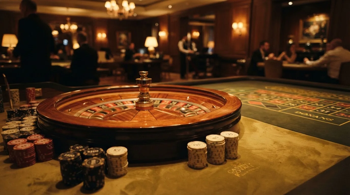 Roulettehjul och spelmarker på grön filt i varmt kvällsljus — casino regler för svenskar