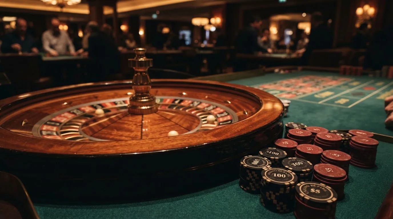 Roulettehjul och spelmarker på grön filt i varmt kvällsljus — casinon med bankid i sverige