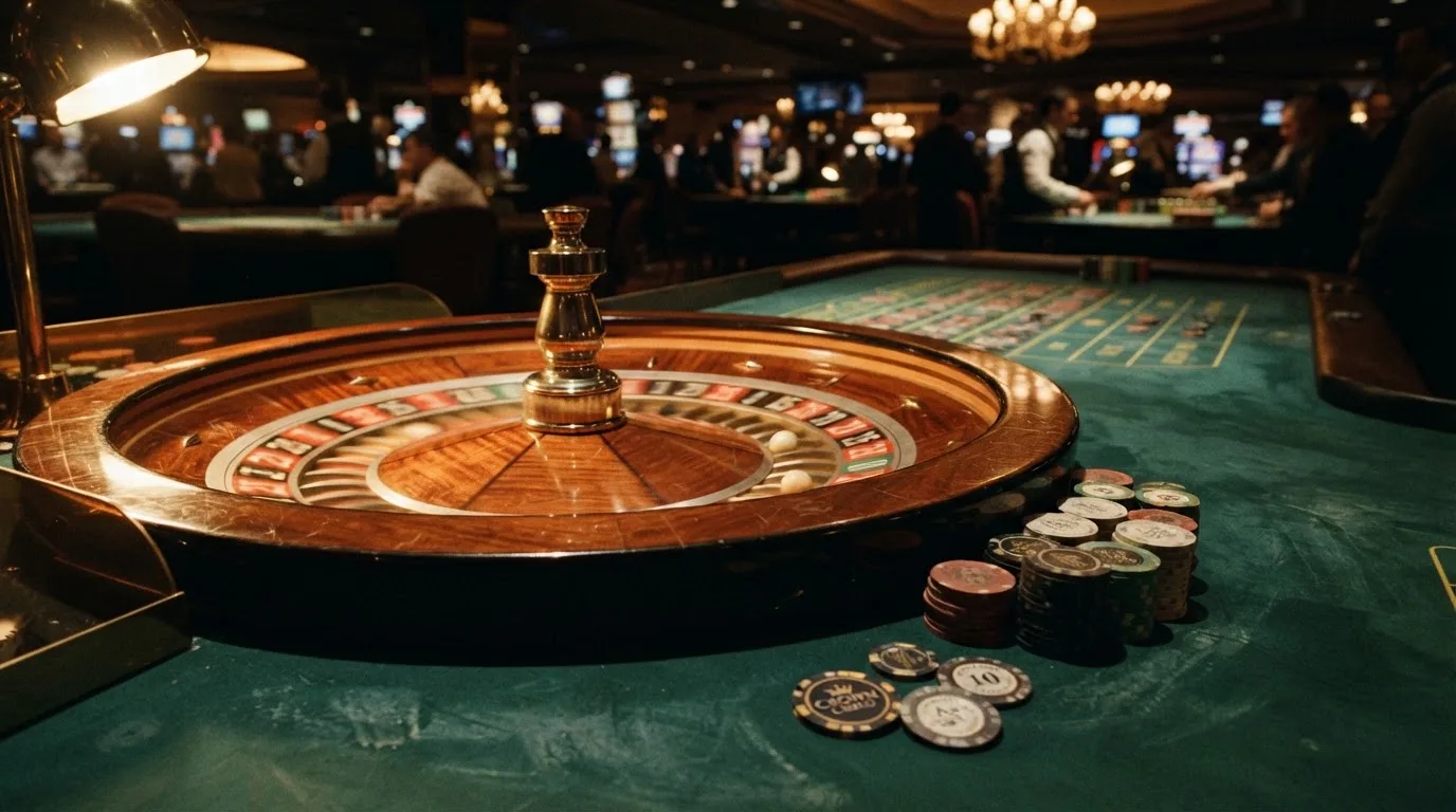 Roulettehjul och spelmarker på grön filt i varmt kvällsljus — casinon med curaçao licens
