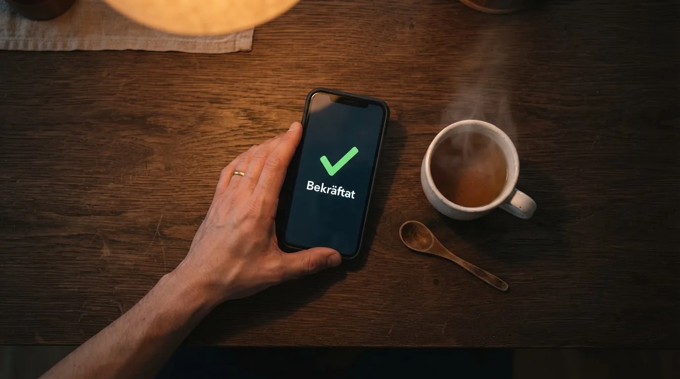 Hand håller en mobiltelefon bredvid en kopp te vid ett köksbord en lugn kväll — casinon med curaçao licens