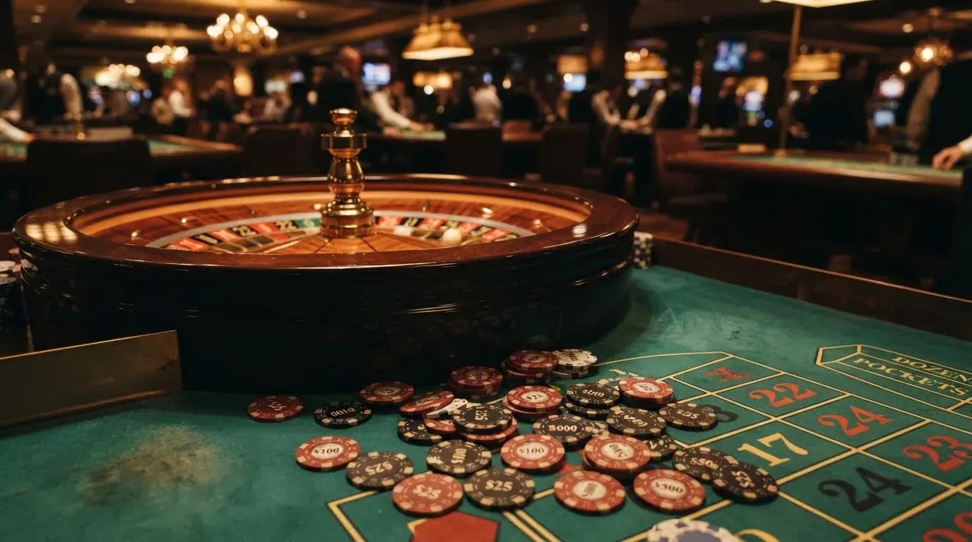 Roulettehjul och spelmarker på grön filt i varmt kvällsljus — casinon med jackpot i sverige