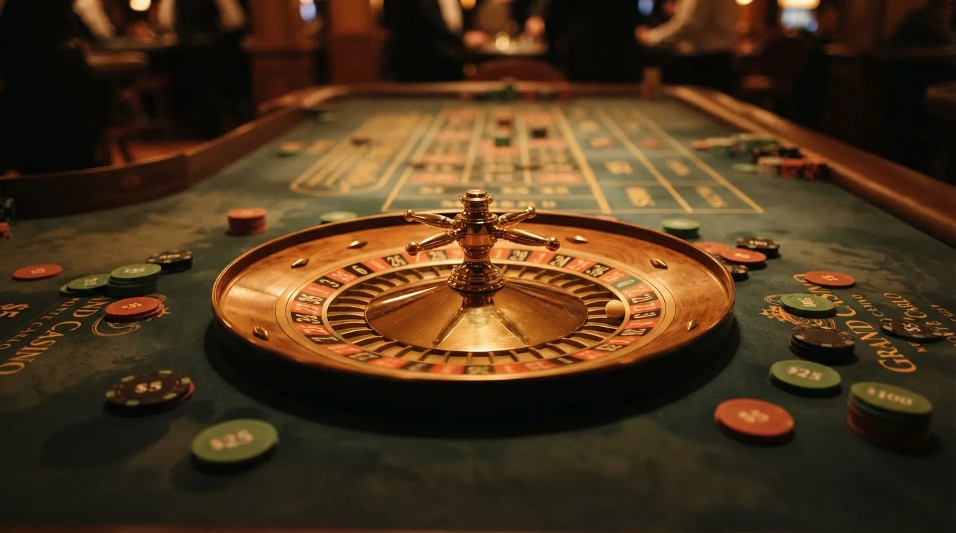 Roulettehjul och spelmarker på grön filt i varmt kvällsljus — casinon med slots i sverige
