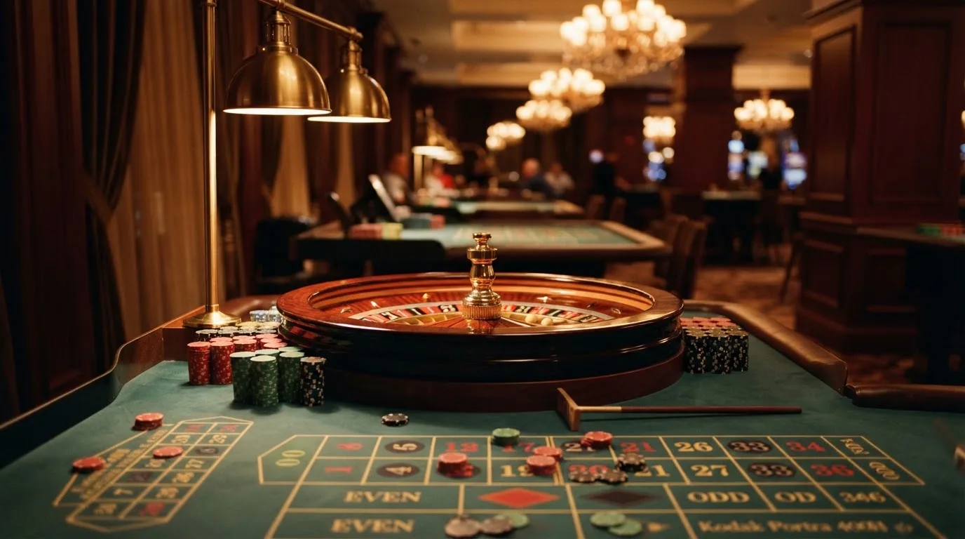 Roulettehjul och spelmarker på grön filt i varmt kvällsljus — casinon med uttag i sverige
