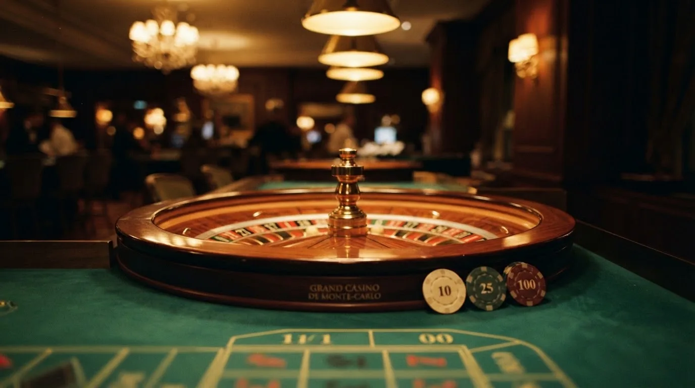 Roulettehjul och spelmarker på grön filt i varmt kvällsljus — casinon utan bankid i sverige