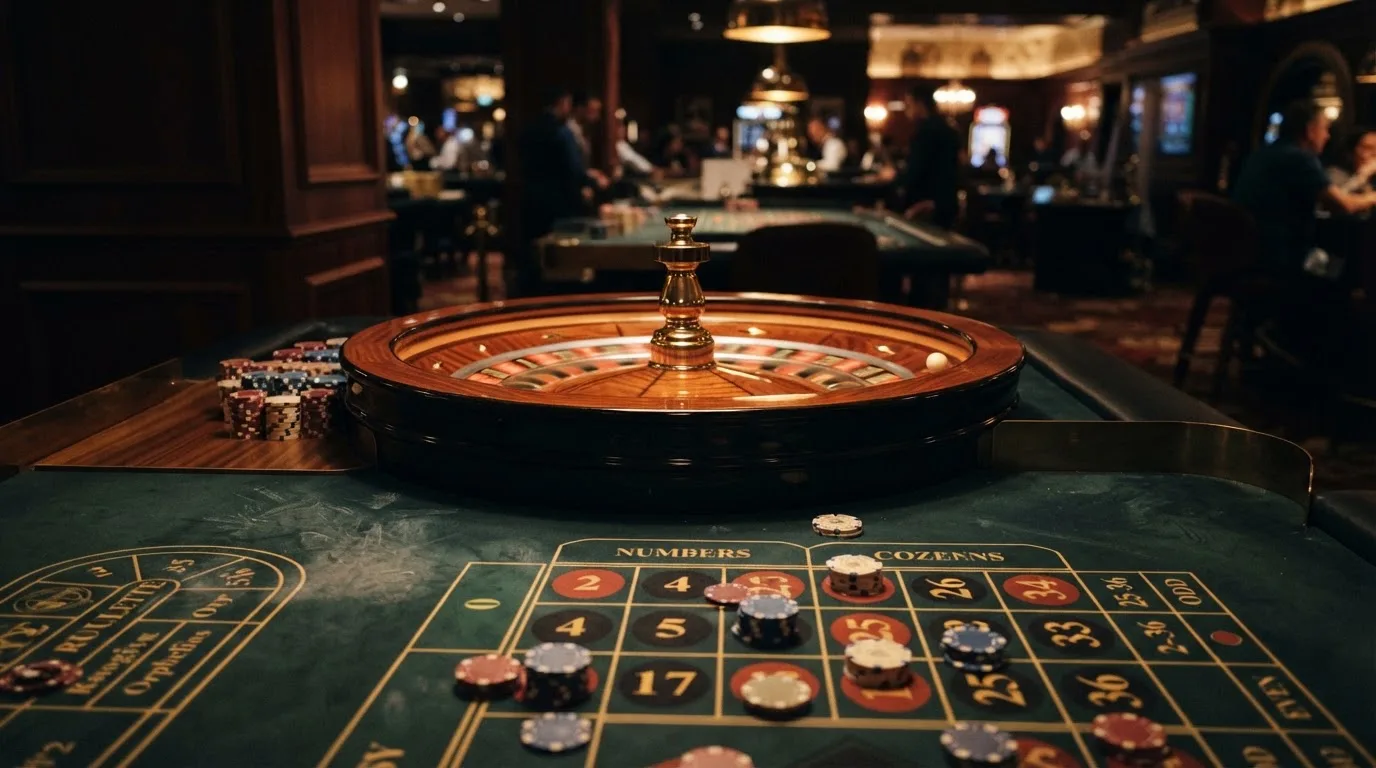 Roulettehjul och spelmarker på grön filt i varmt kvällsljus — casinon utan spelgräns i sverige