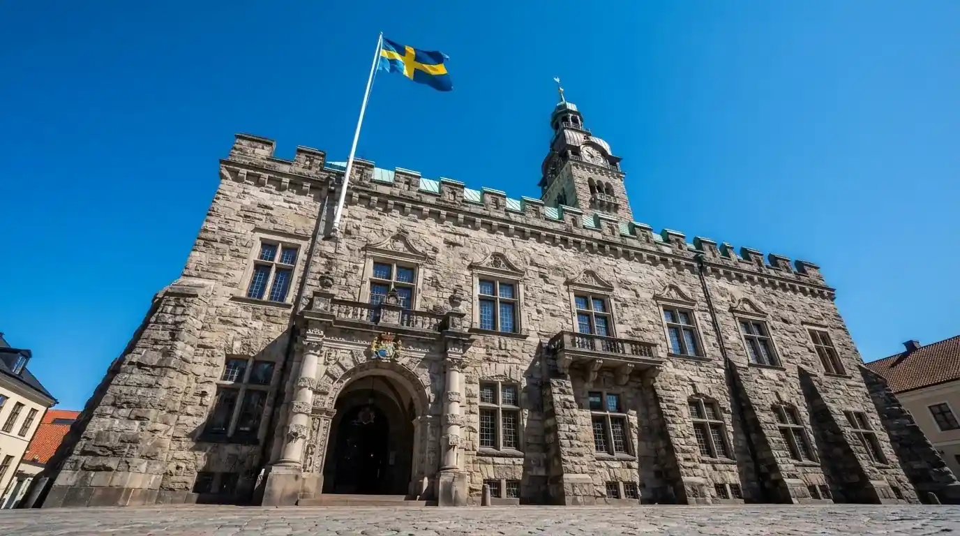 Ett gammalt stadshus i sten fotograferat underifrån mot en klarblå himmel, med den svenska flaggan som fladdrar ovanför entrén.