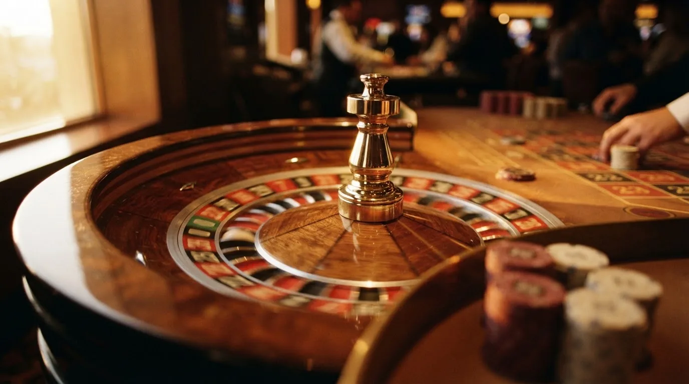 Roulettehjul och spelmarker på grön filt i varmt kvällsljus — lightning roulette i sverige