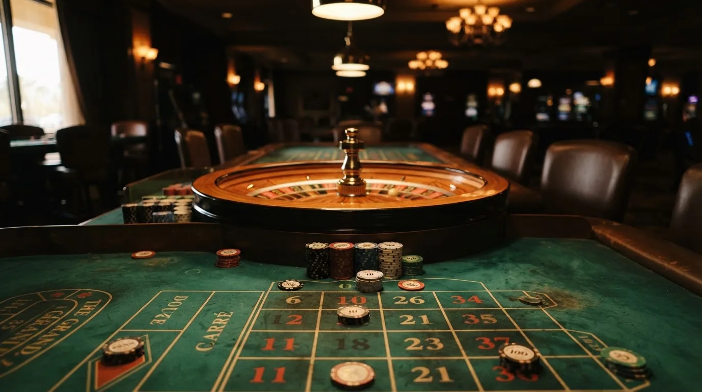 Roulettehjul och spelmarker på grön filt i varmt kvällsljus — svenska casinon med bitcoin