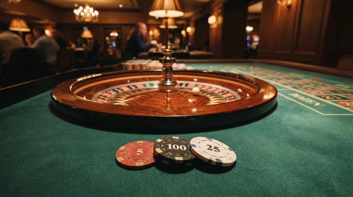 Roulettehjul och spelmarker på grön filt i varmt kvällsljus — svenska casinon med dogecoin