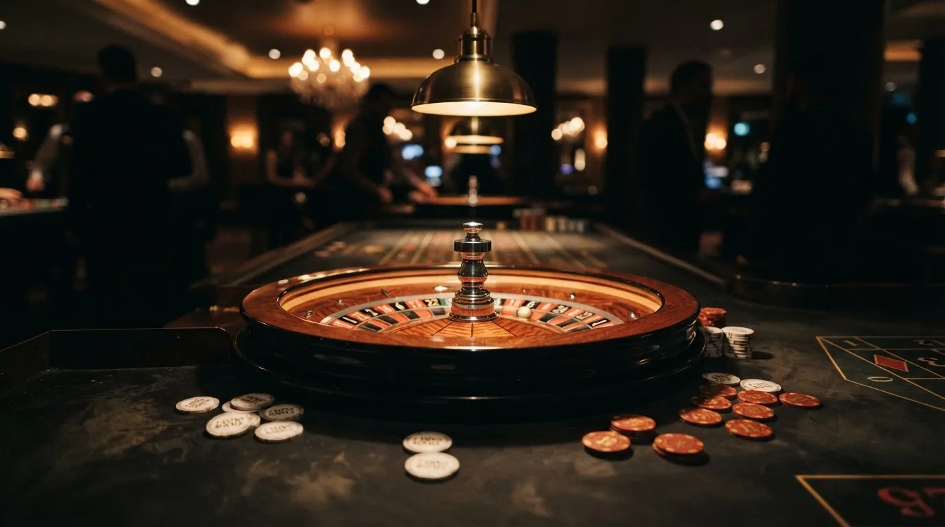 Roulettehjul och spelmarker på grön filt i varmt kvällsljus — svenska casinon på android